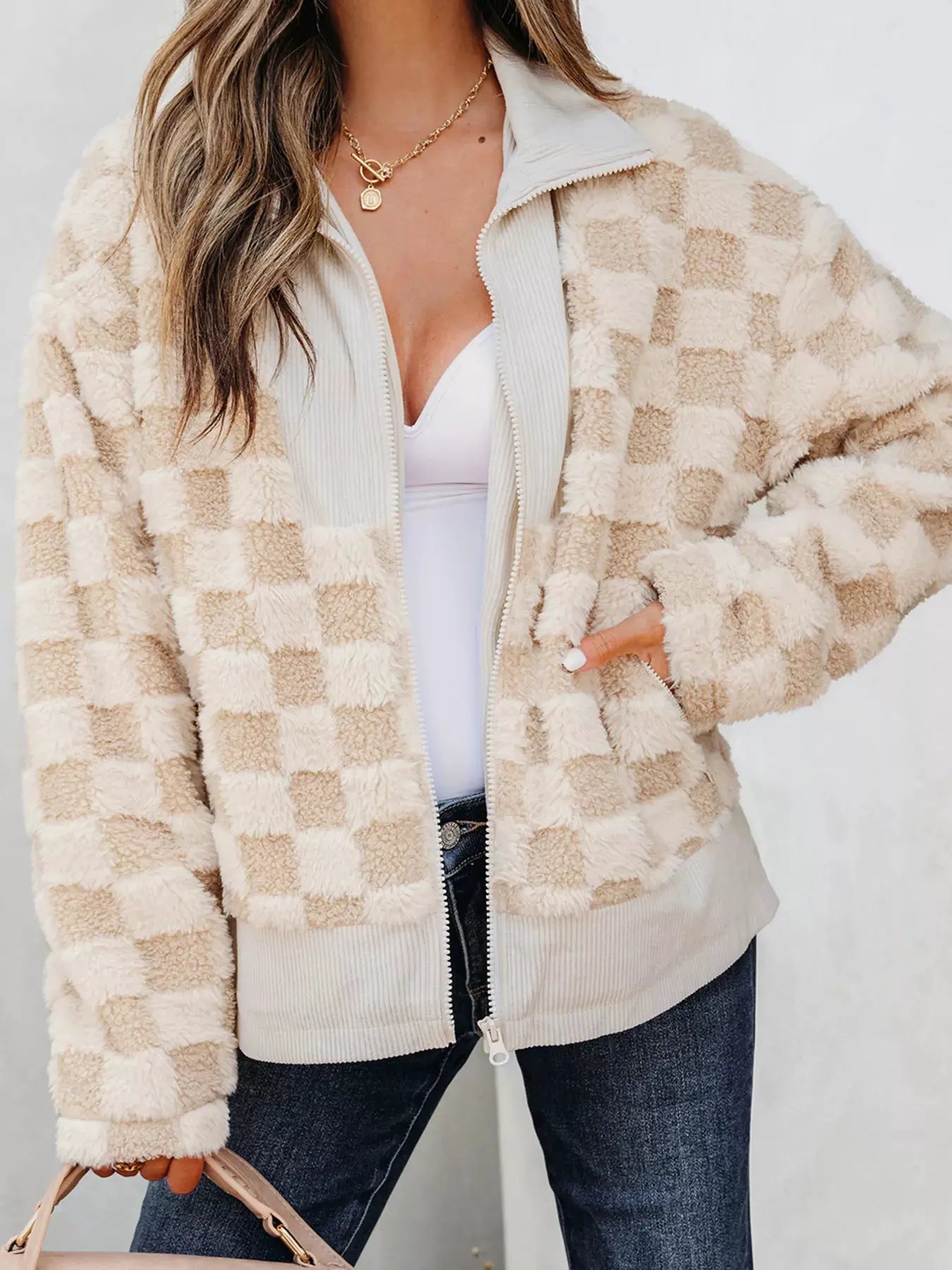 Checker Sherpa Corduroy Patchwork Zip Up Jacket by Partner Label