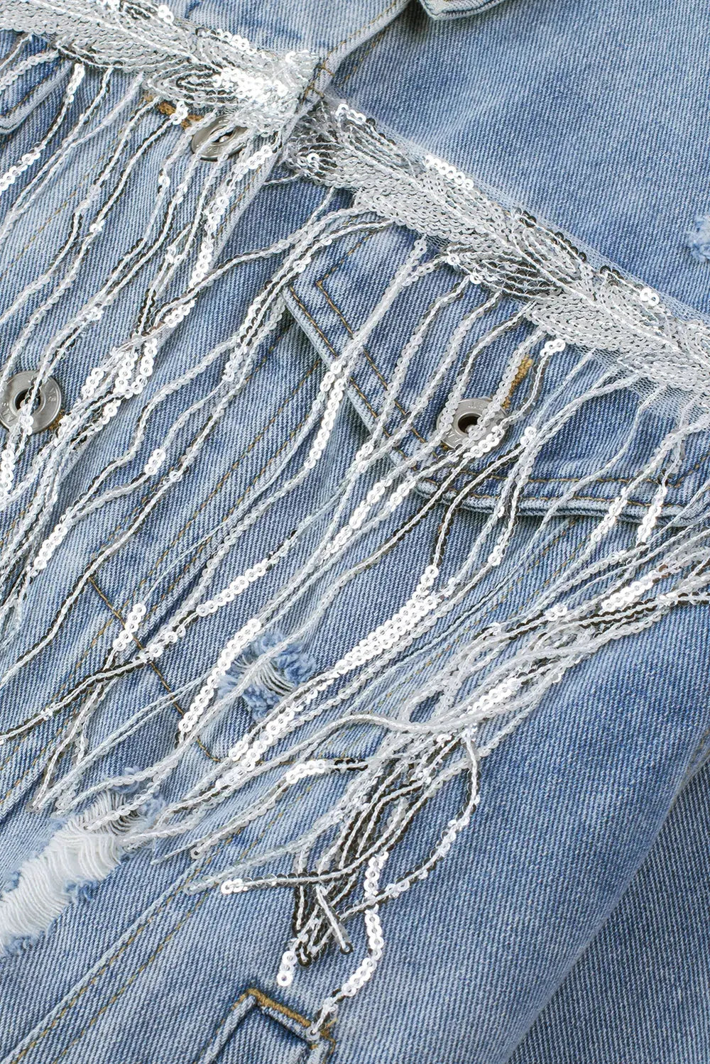 Sequin Fringe Trim Distressed Button Up Denim Jacket by Partner Label