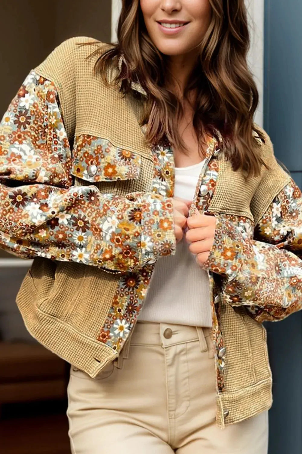 Printed Collared Neck Long Sleeve Jacket by Partner Label