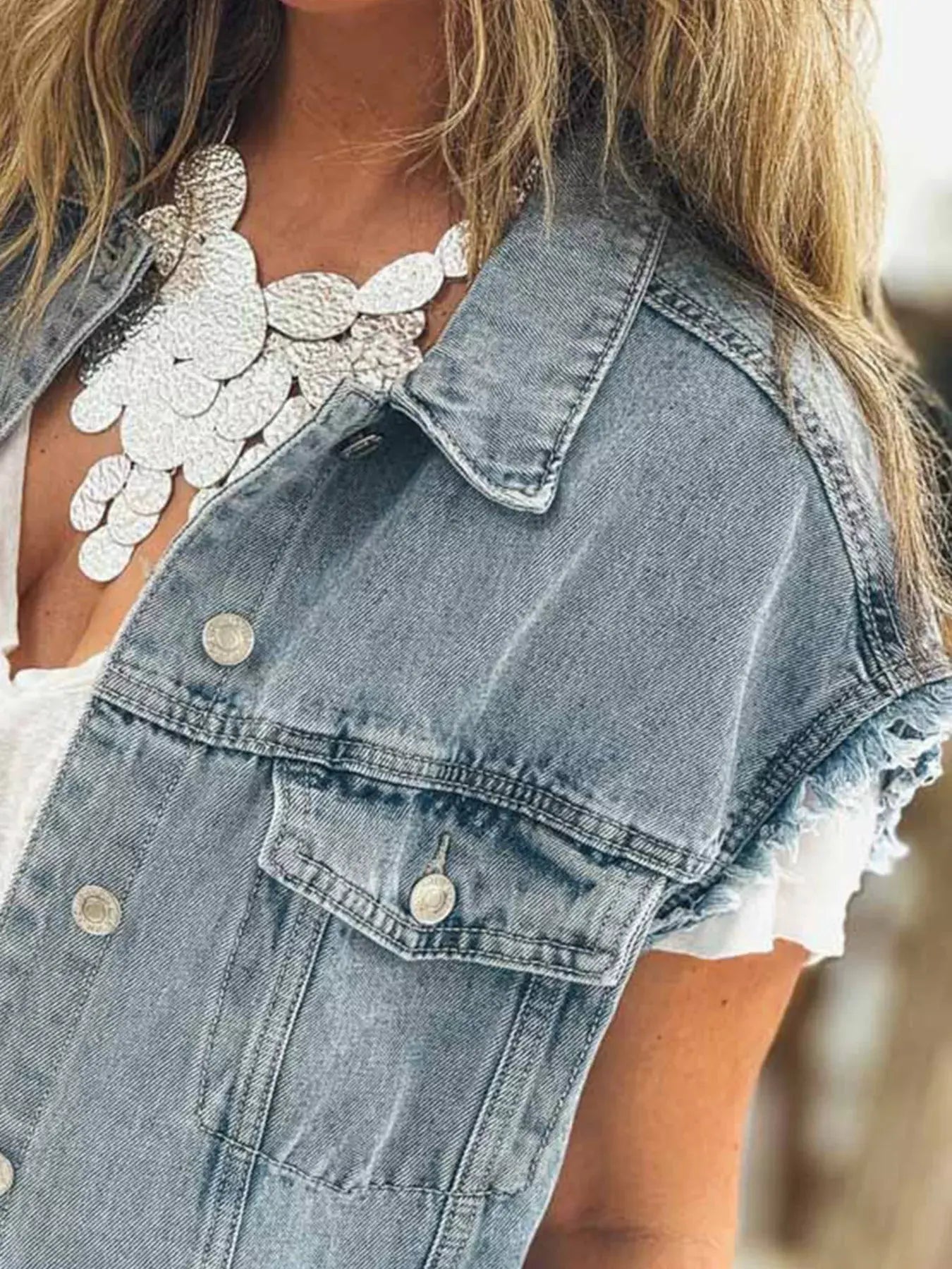 Button Flap Pocket Frayed Detail Denim Vest by Partner Label