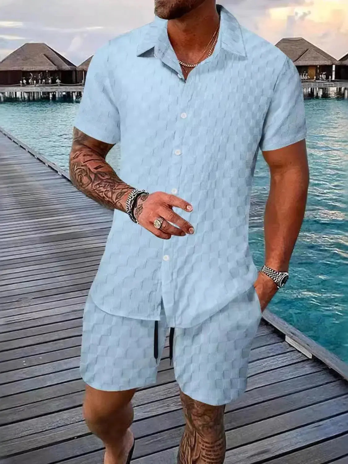 Men's Full Size Collared Neck Short Sleeve Top and Shorts Set Plus Size by Trendsi