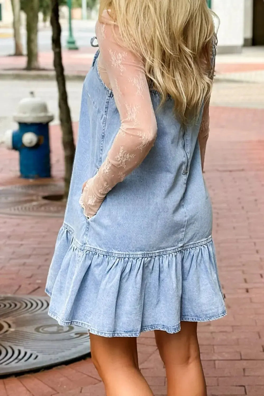 Bow Detail Spaghetti Straps Ruffle Hem Denim Dress by Partner Label