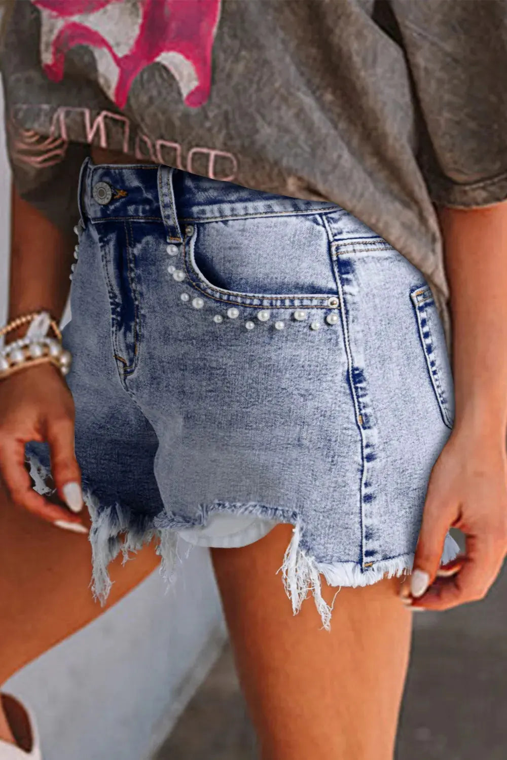 Pearl Studded Pockets Raw Hem Denim Shorts by Partner Label