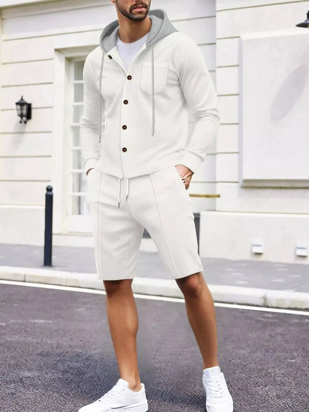 Men's Full Size Casual Hooded Button-Up Top and Shorts Set Plus Size by Trendsi