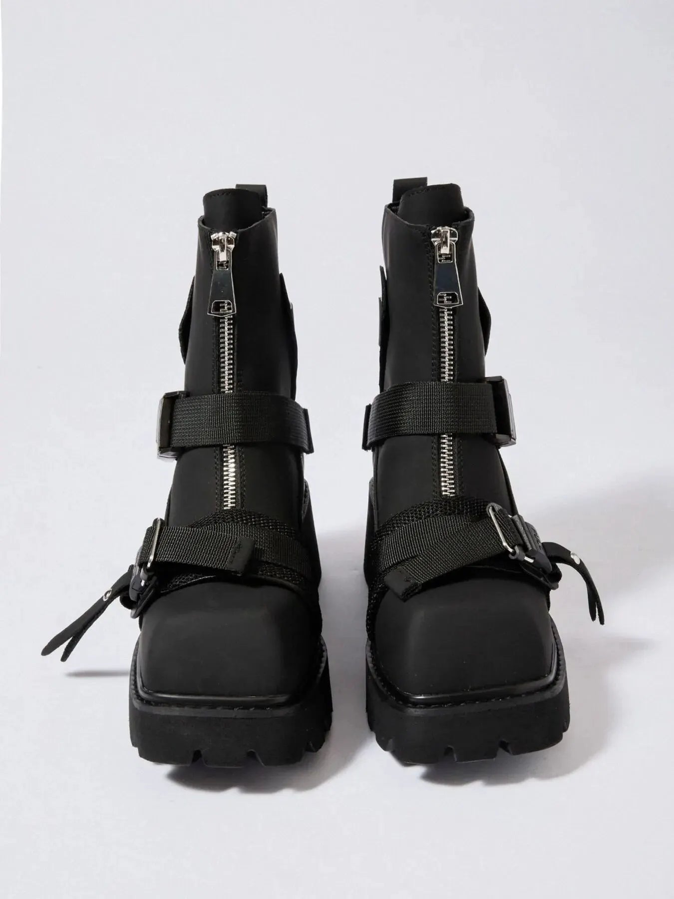 Chunky Platform Boots with Buckle Straps and Front Zip by Partner Label