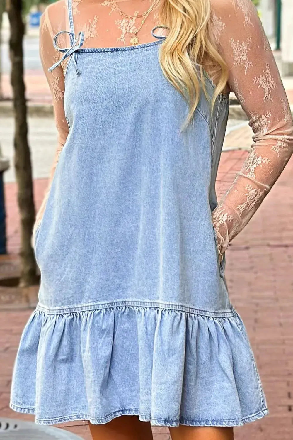 Bow Detail Spaghetti Straps Ruffle Hem Denim Dress by Partner Label