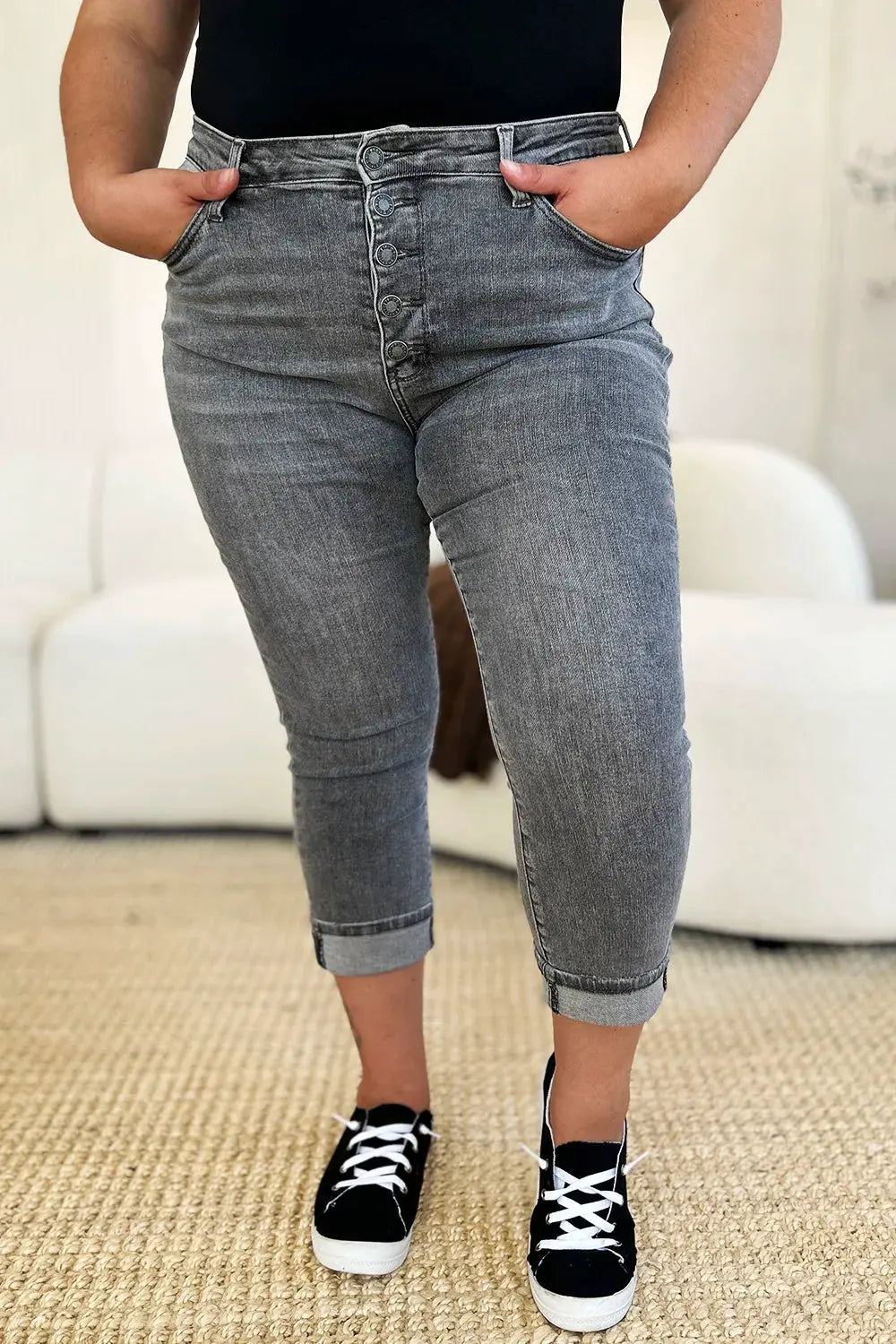 Judy Blue Full Size Button Fly High Waist Cuffed Capris by Judy Blue