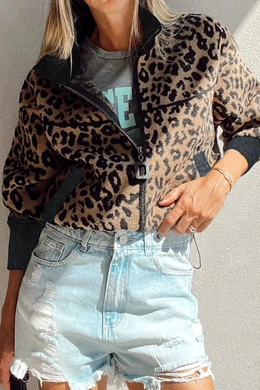 Leopard Zip Up Long Sleeve Jacket by Partner Label