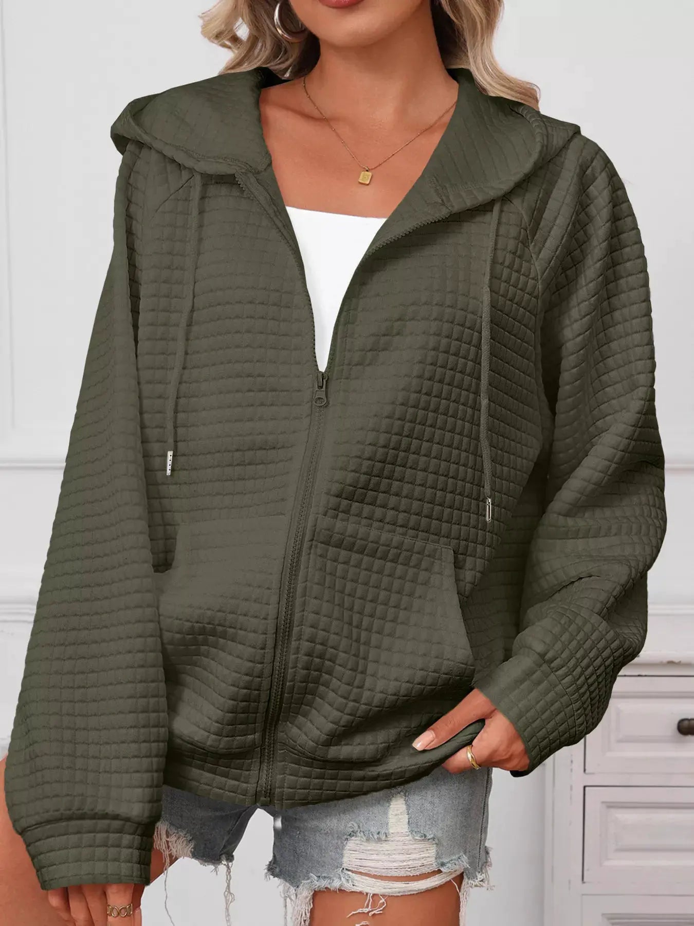 Full Size Textured Quilted Zip-Up Hooded Jacket Plus Size by Partner Label