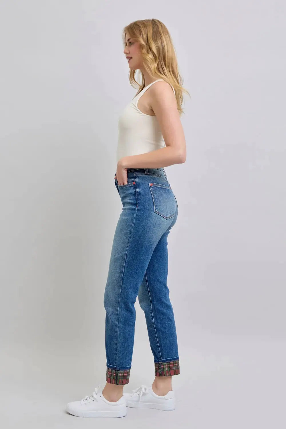 Judy Blue Full Size Plaid Print Cuff Straight Leg Jeans with Pockets by Judy Blue