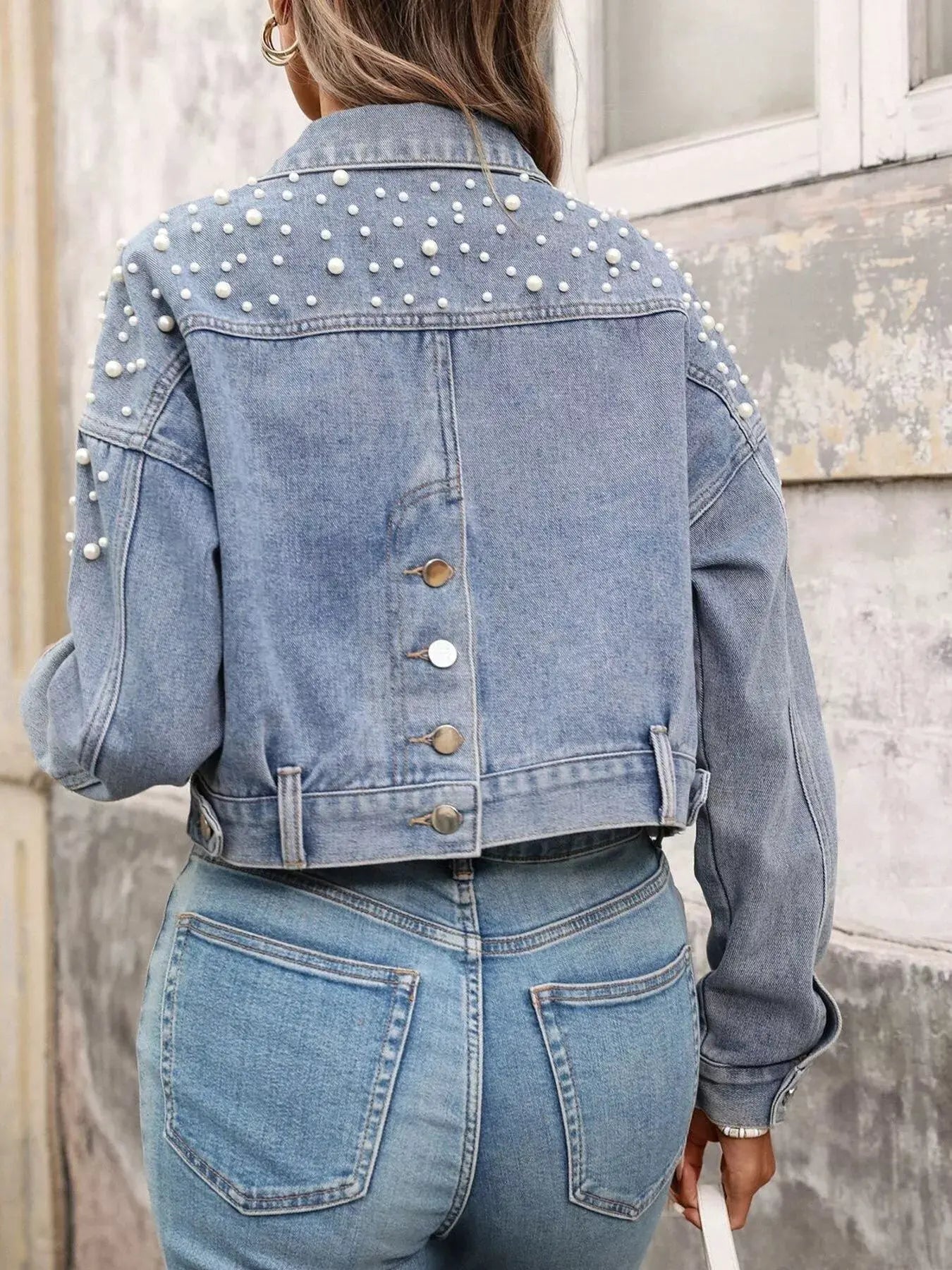 Pearl Embellished Cropped Denim Jacket by Partner Label