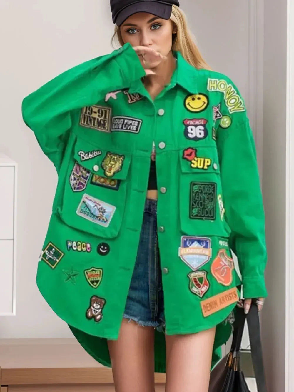 Embroidered Patch Button Up Long Sleeve Denim Jacket by Partner Label