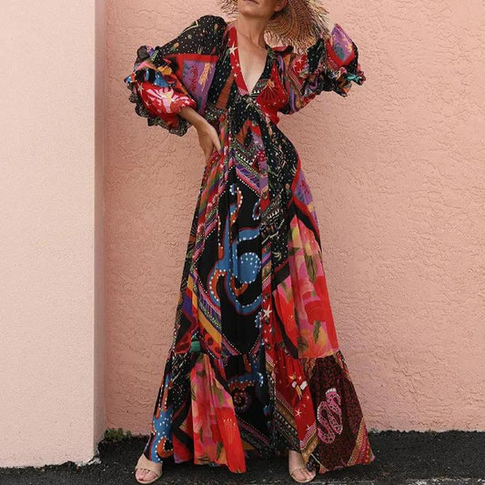 Women's V-Neck Long Sleeve Printed Boho Dress by Anybestbuy Store