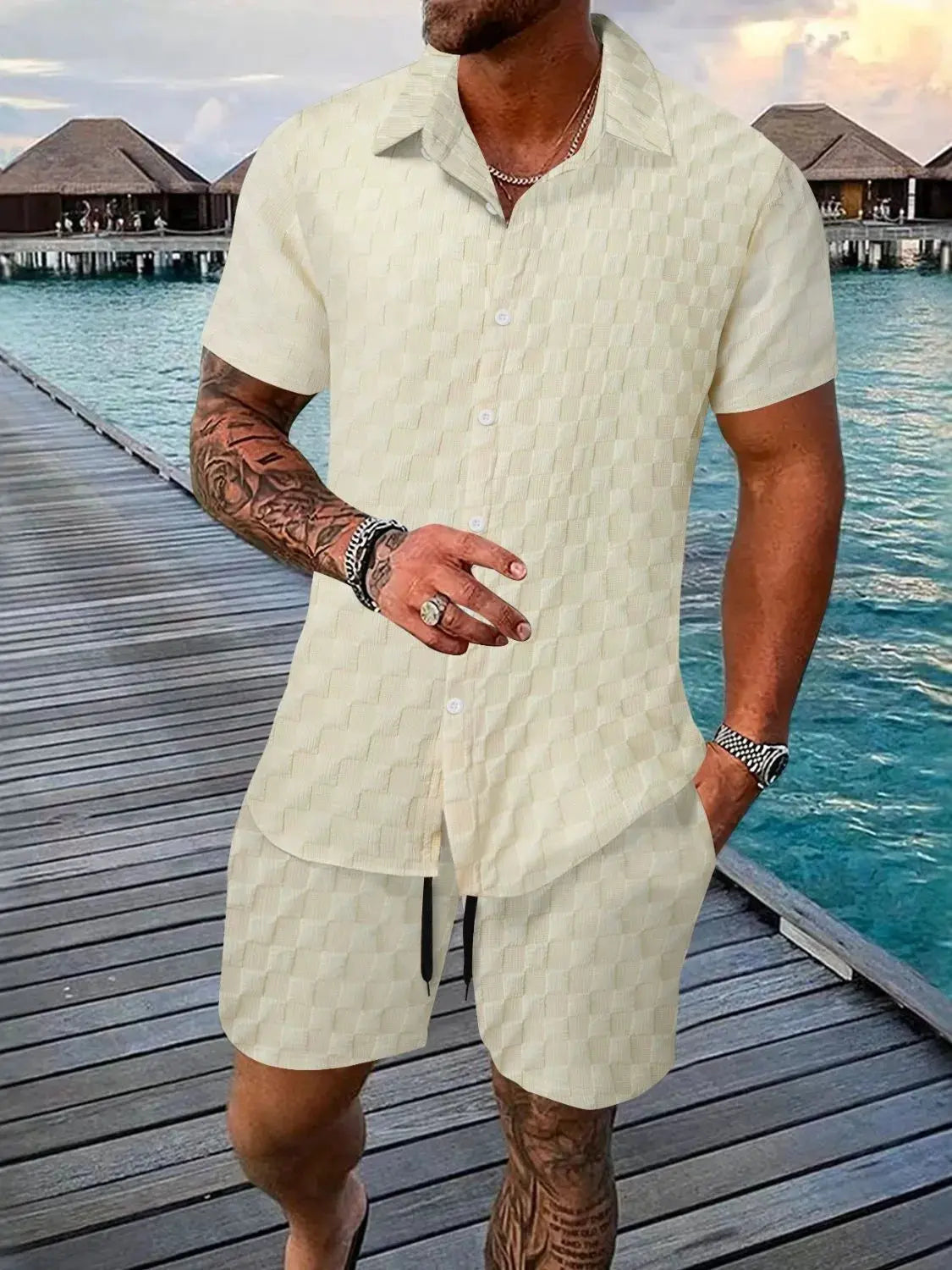 Men's Full Size Collared Neck Short Sleeve Top and Shorts Set Plus Size by Trendsi