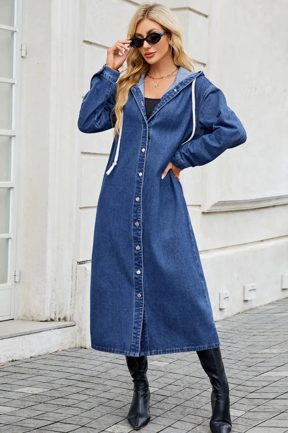 Button Up Long Sleeve Longline Hooded Denim Outerwear by Partner Label