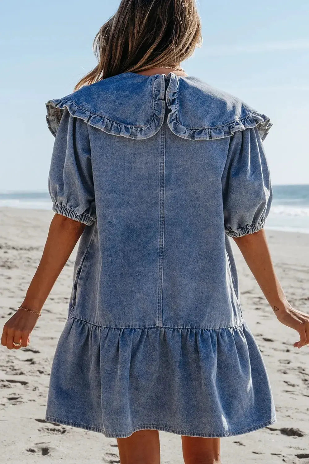 Ruffled Side Pockets Puff Sleeve Denim Mini Dress by Partner Label