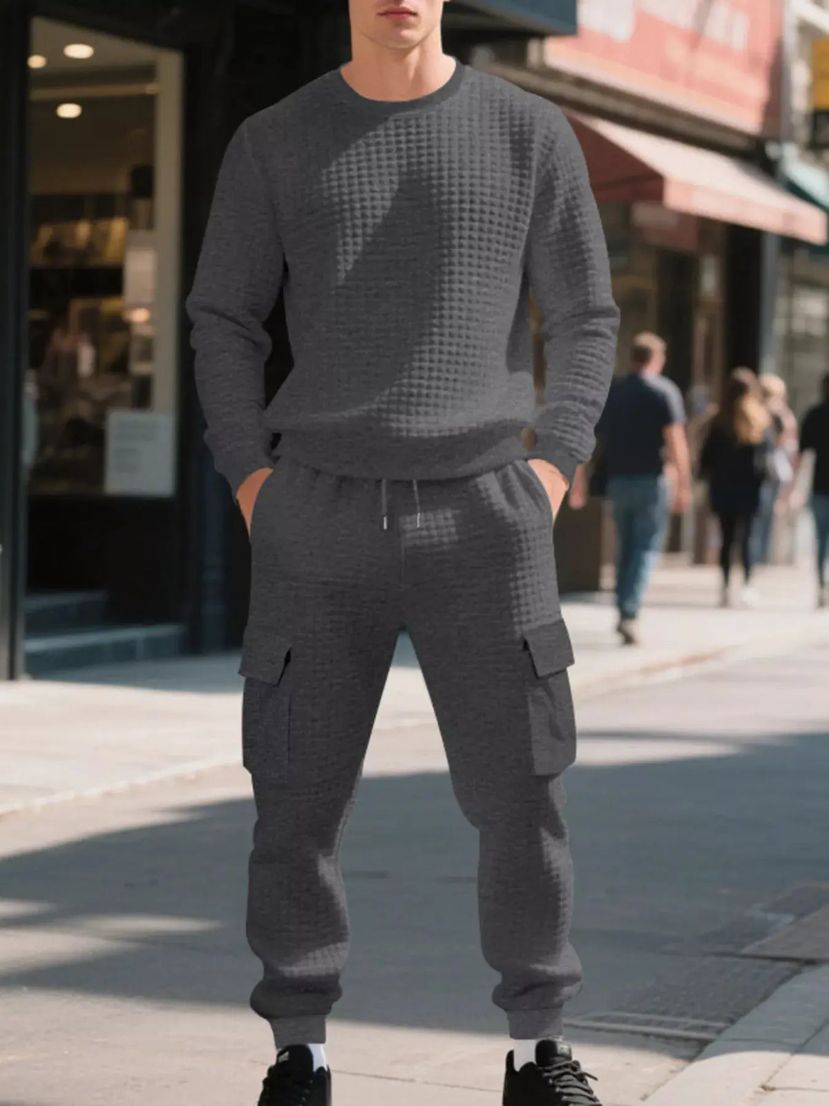 Men's Plus Size Waffle Knit Textured Crewneck Sweatshirt and Jogger Set by Trendsi