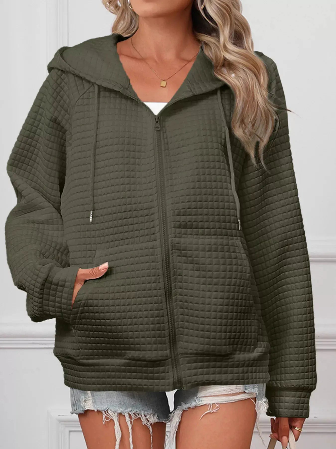 Full Size Textured Quilted Zip-Up Hooded Jacket Plus Size by Partner Label