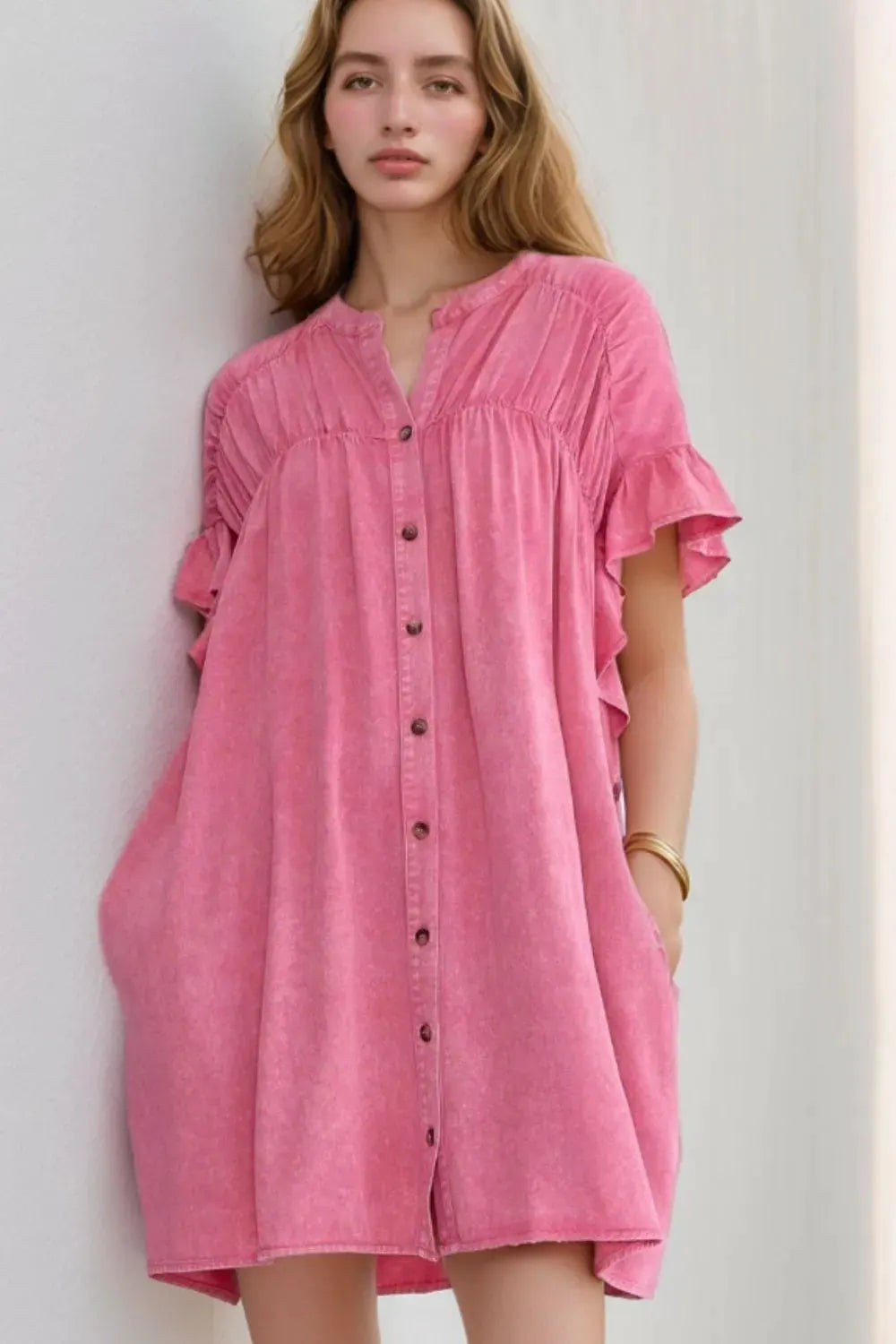 Ruffled Short Sleeve Buttoned Denim Mini Dress by Partner Label