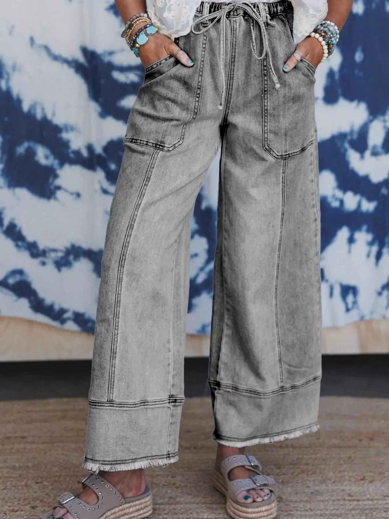 Wide Leg Drawstring Raw Hem Jeans by Partner Label