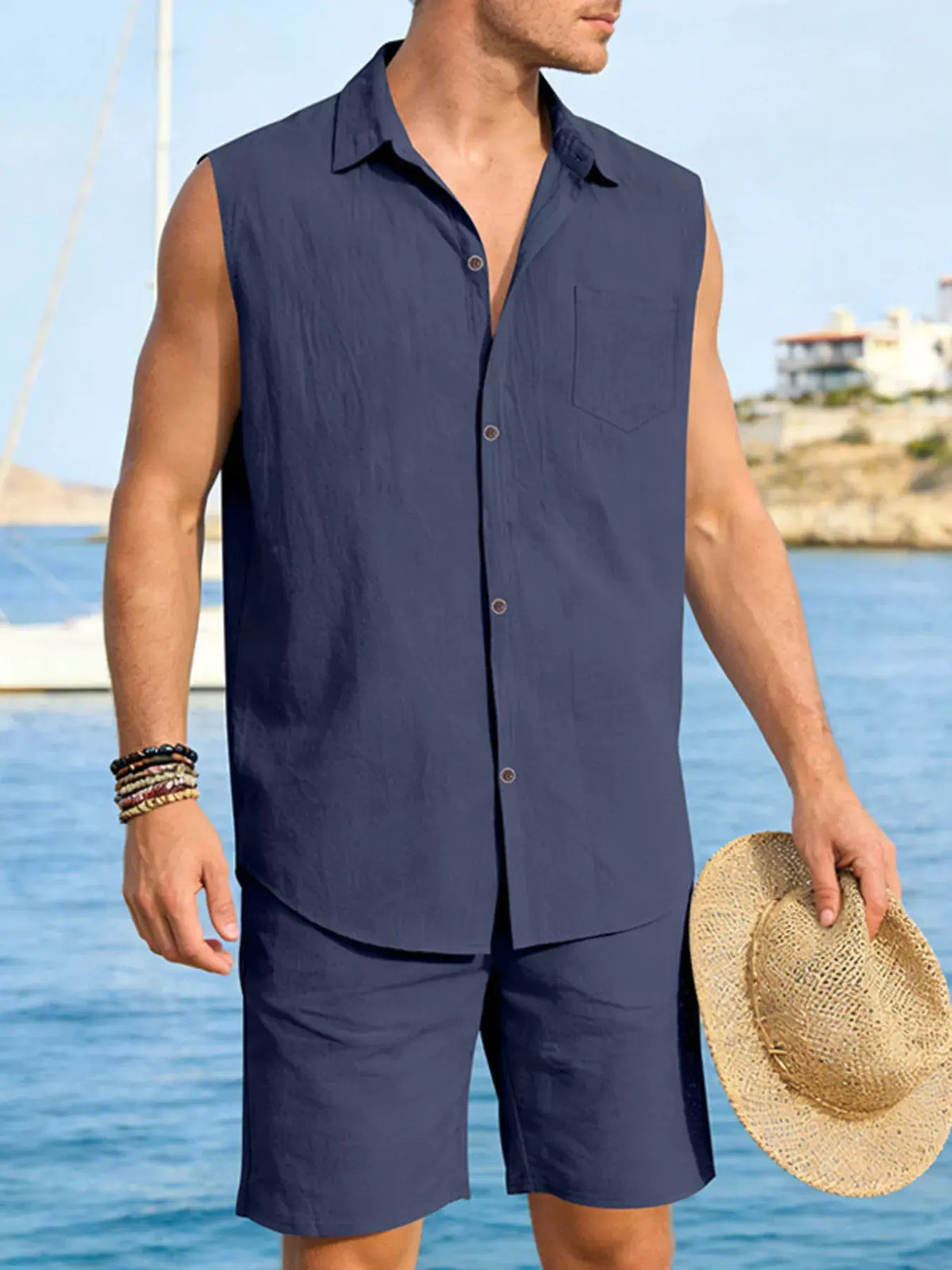 Men's Full Size Button Up Sleeveless Top and Shorts Plus Size by Trendsi