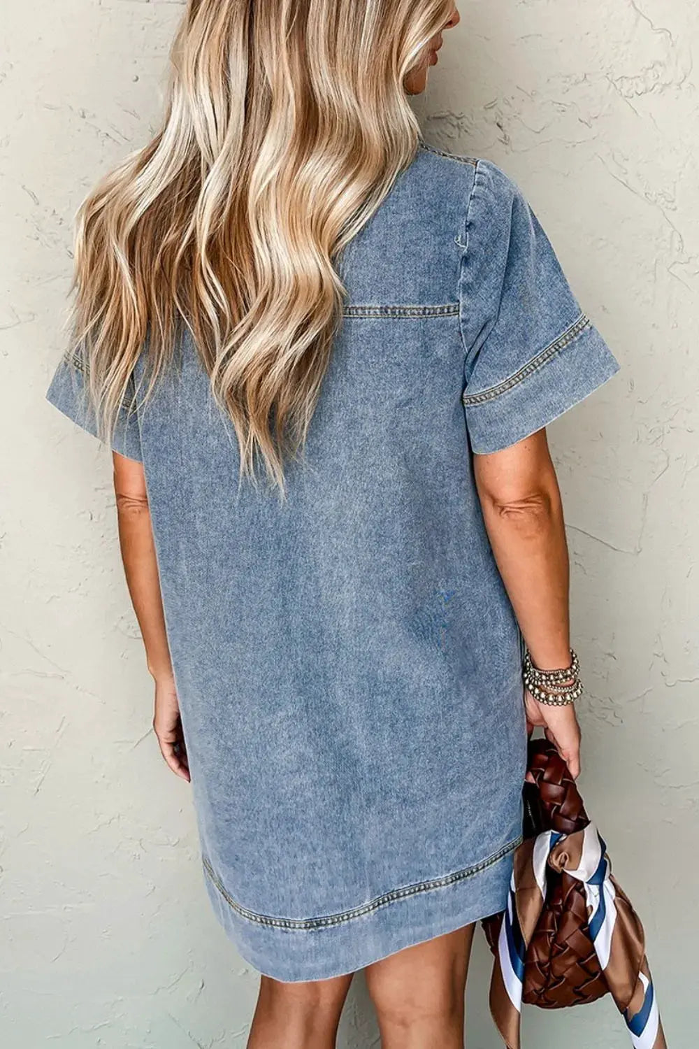 Short Sleeve Collared Patched Pocket Denim Mini Dress by Partner Label