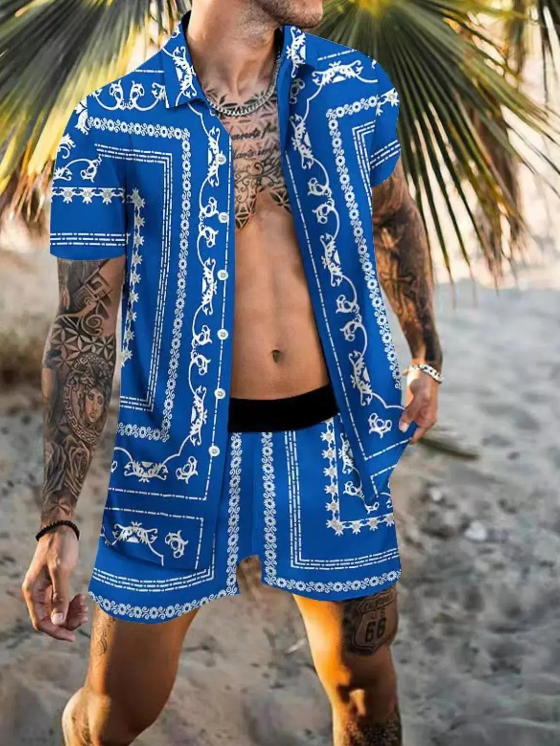 Men's Full Size Printed Collared Neck Short Sleeve Top and Shorts Set Plus Size by Trendsi