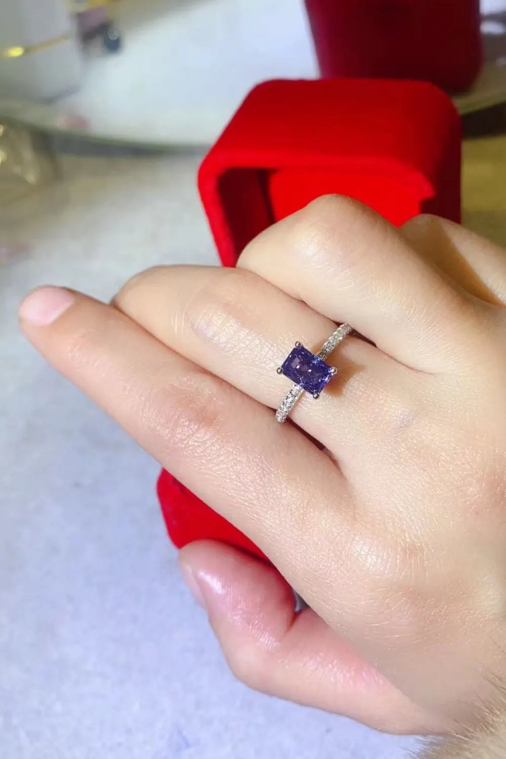 1 Carat Moissanite 925 Sterling Silver Rectangle Ring in Blue by Partner Label