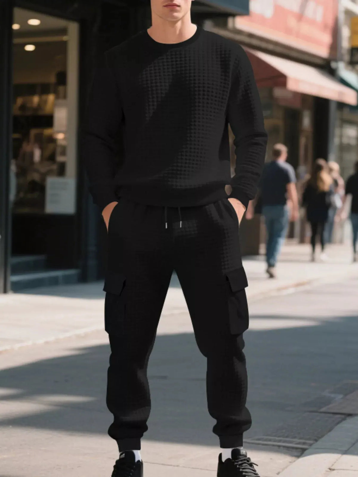 Men's Plus Size Waffle Knit Textured Crewneck Sweatshirt and Jogger Set by Trendsi