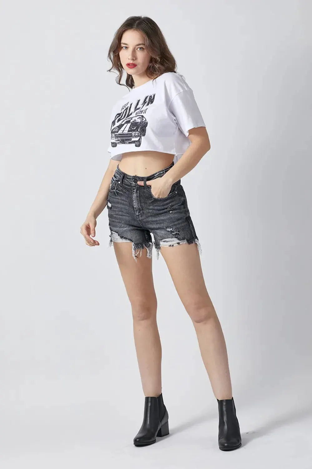 RISEN Full Size High Rise Distressed Denim Shorts by RISEN