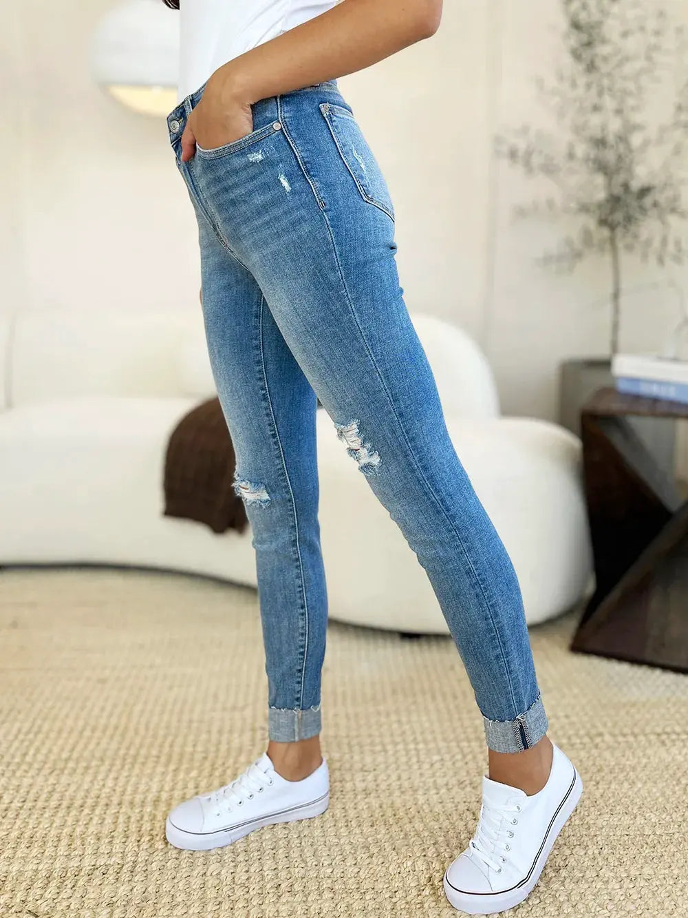 Judy Blue Full Size Mid Rise Destroy & Cuff Skinny Jeans by Judy Blue