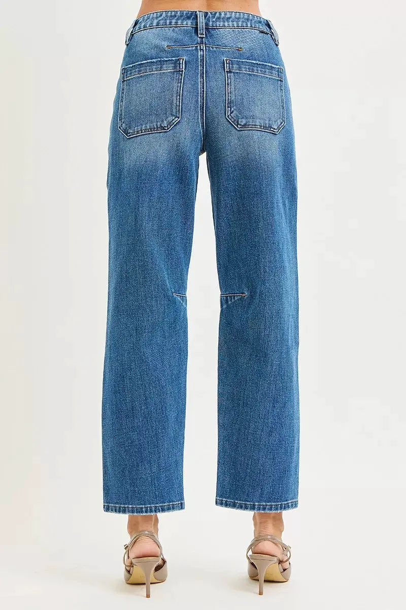 RISEN 4 Way Stretch Mid Rise Barrel Jeans with Patch Pocket Detail by RISEN