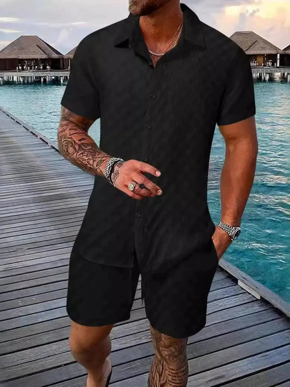Men's Full Size Collared Neck Short Sleeve Top and Shorts Set Plus Size by Trendsi