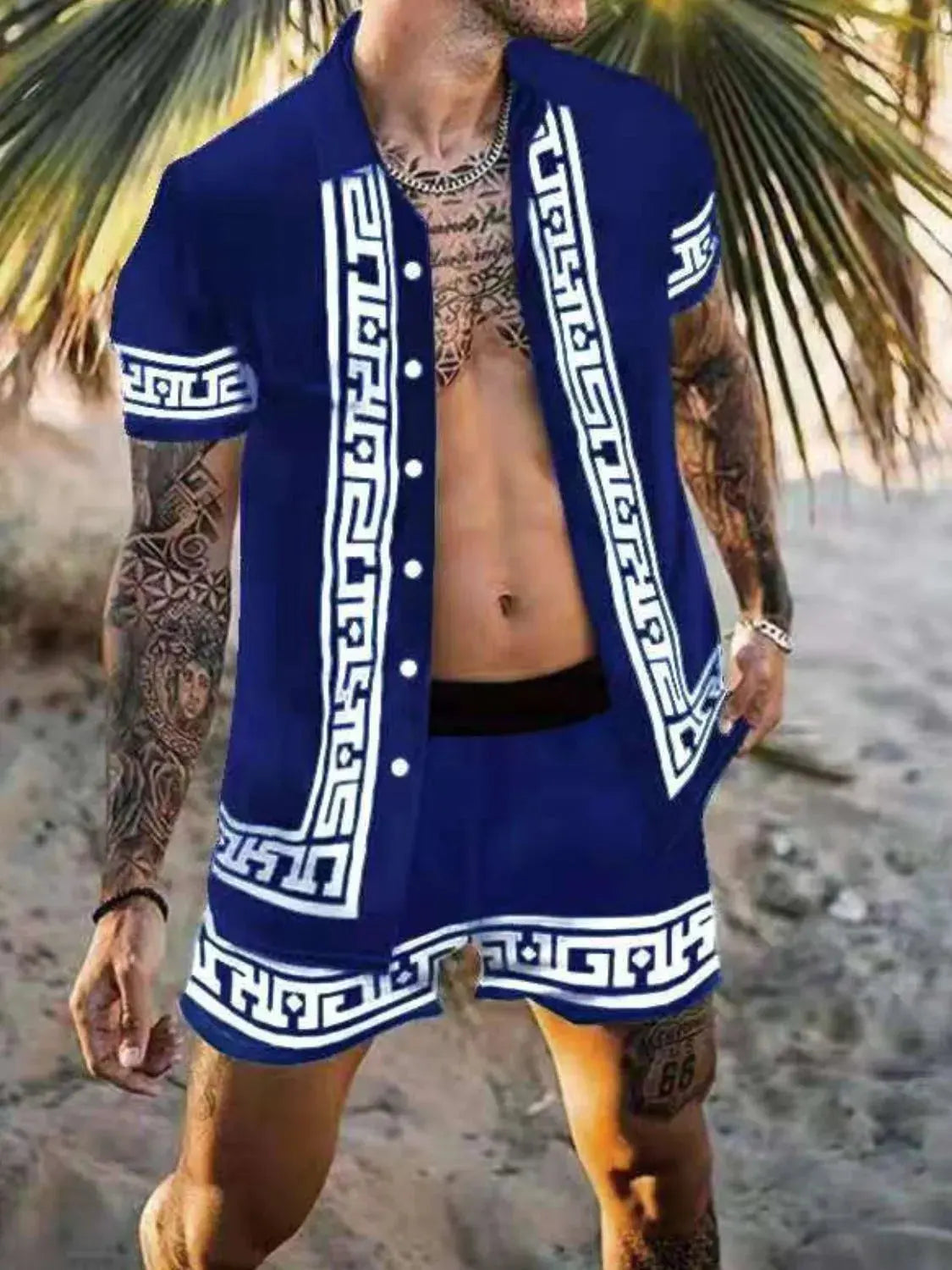 Men's Full Size Printed Collared Neck Short Sleeve Top and Shorts Set Plus Size by Trendsi