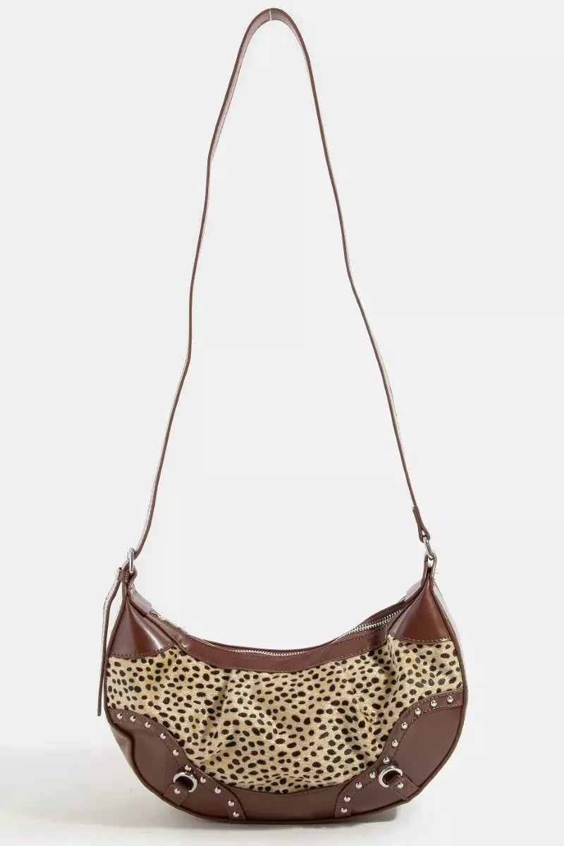 Fame Spotted Leopard Print Half Moon Shoulder Bag by Fame