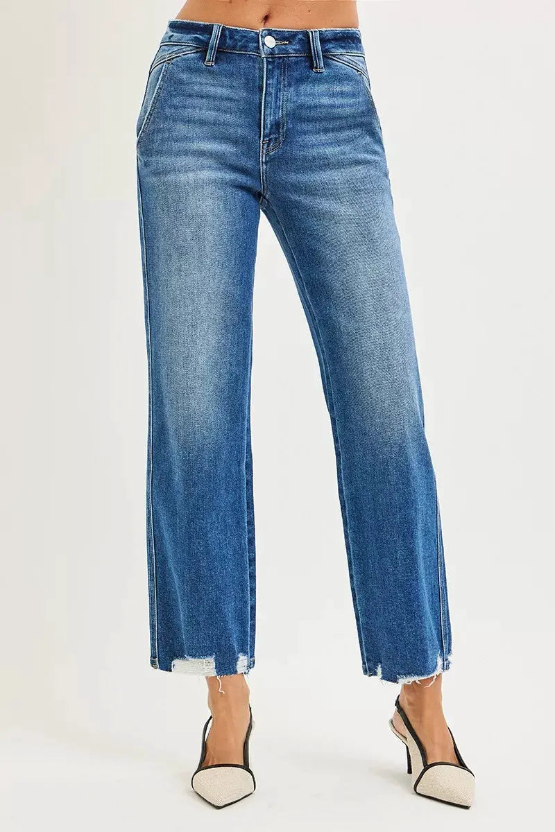 RISEN High Rise Ankle Straight Distressed Hem Detail Jeans by RISEN