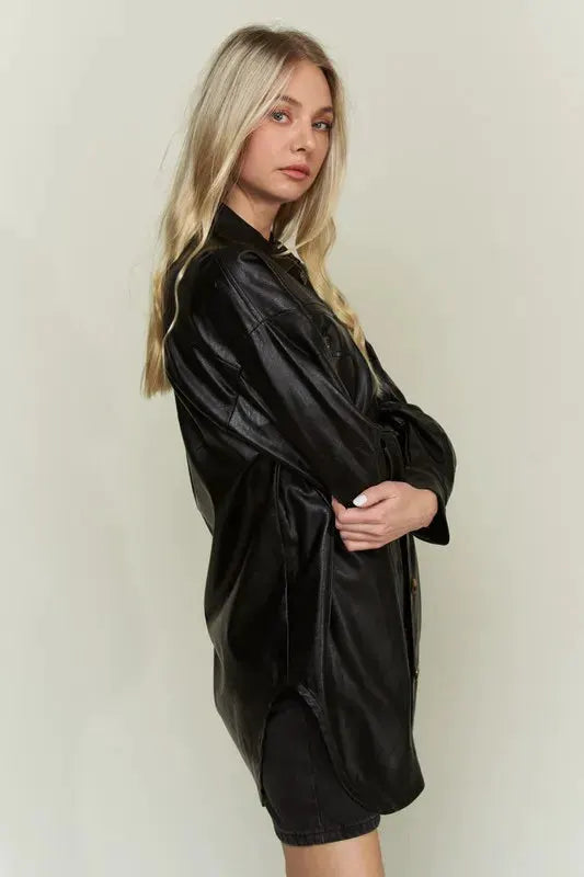 Davi & Dani Faux Leather Button Up Jacket with Chest Pockets by Davi & Dani
