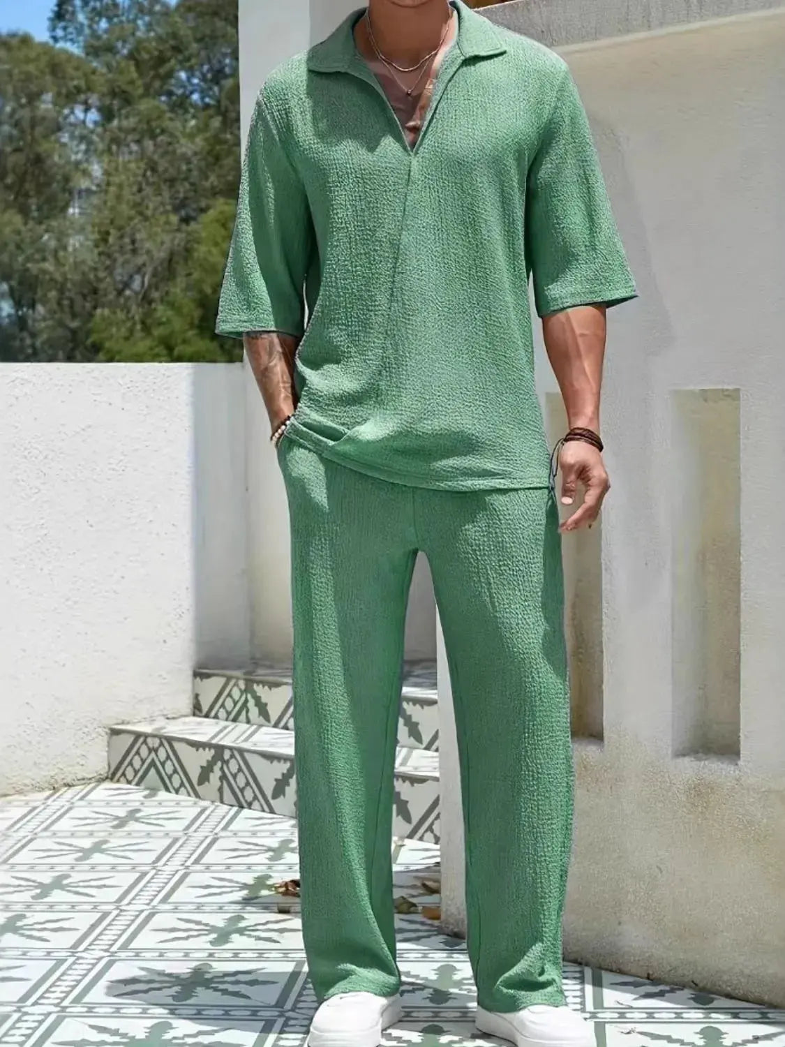 Men's Johnny Collar Half Sleeve Top and Pants Set by Oh