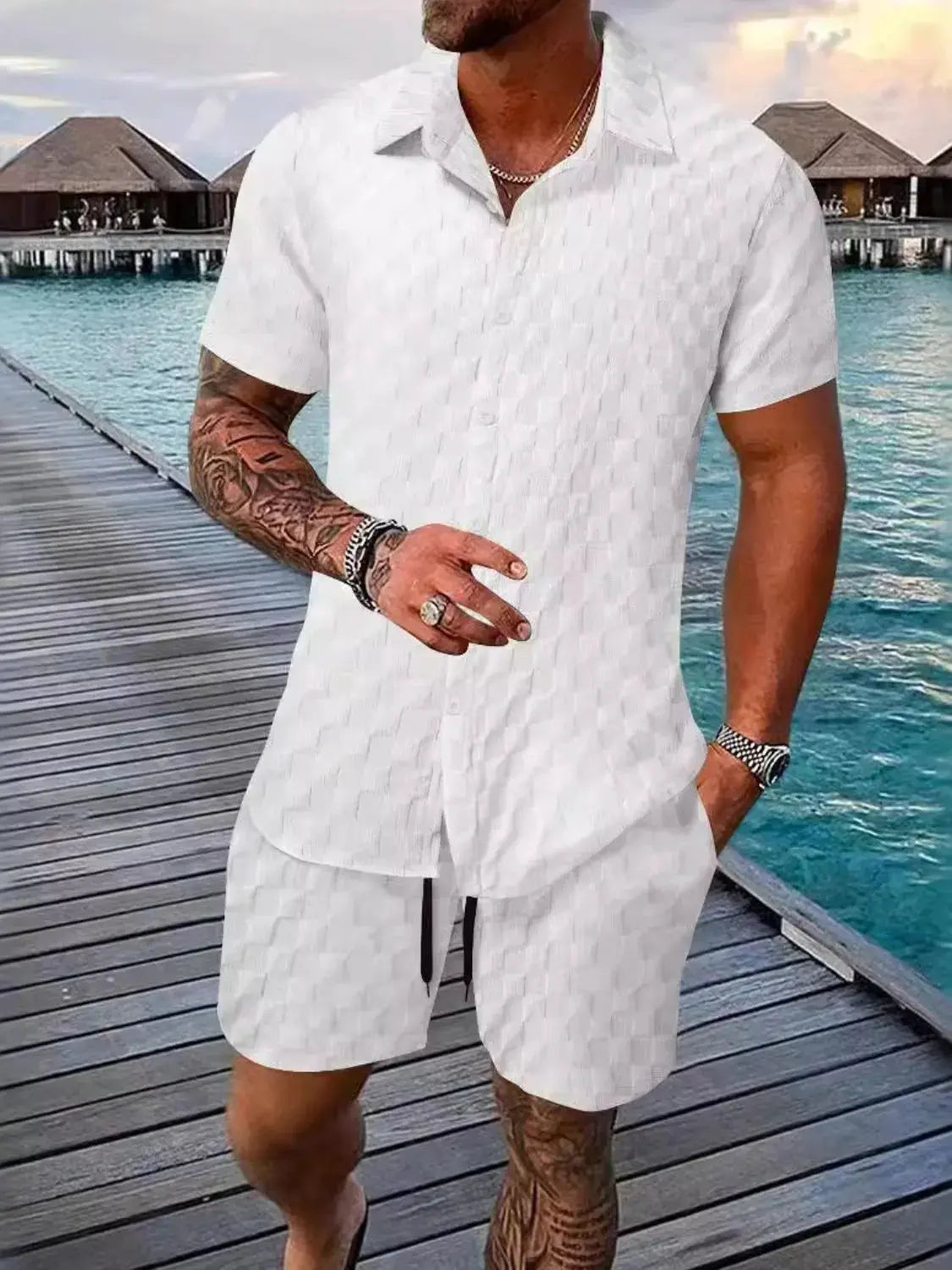 Men's Full Size Collared Neck Short Sleeve Top and Shorts Set Plus Size by Trendsi