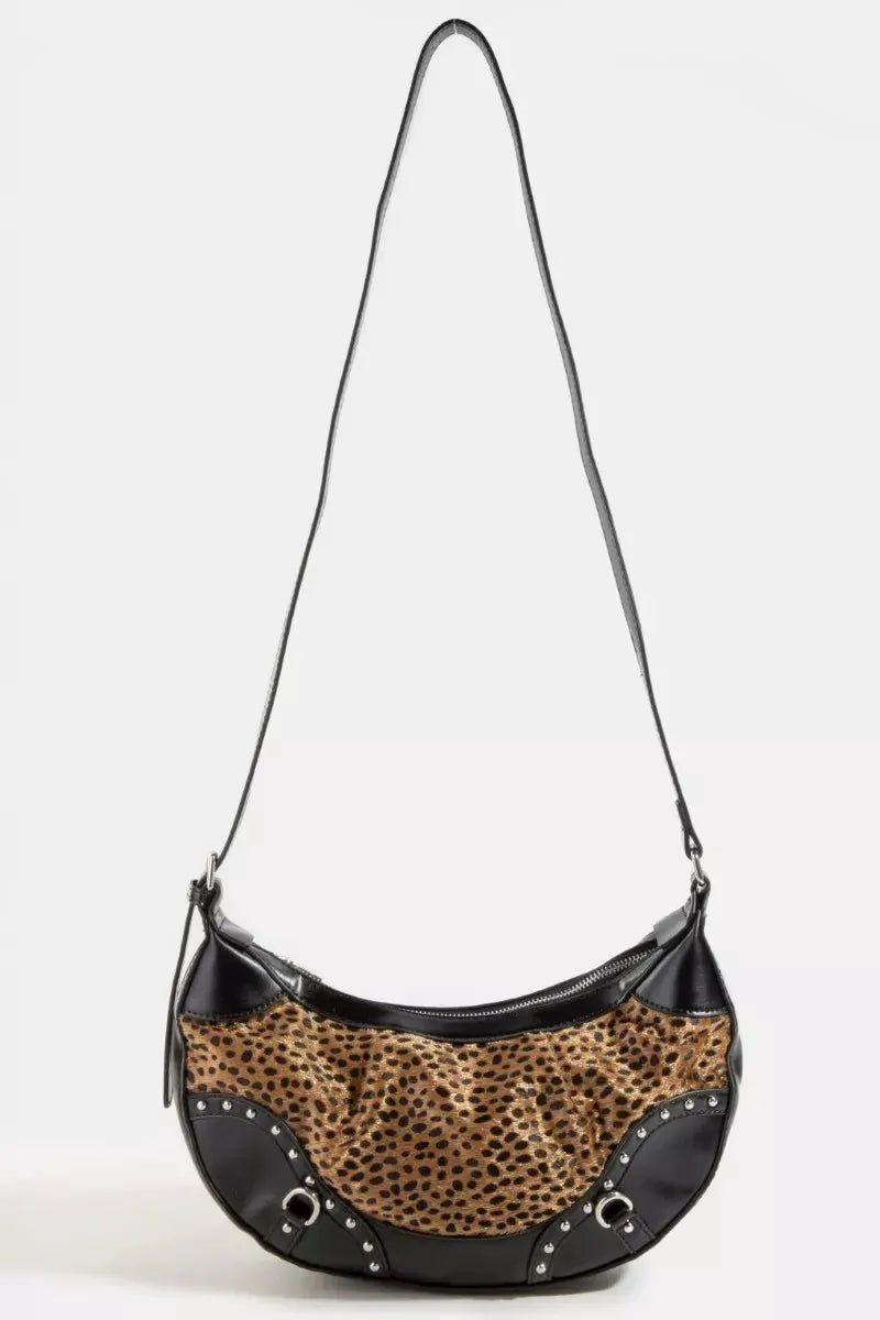 Fame Dark Spotted Leopard Print Half Moon Shoulder Bag by Fame