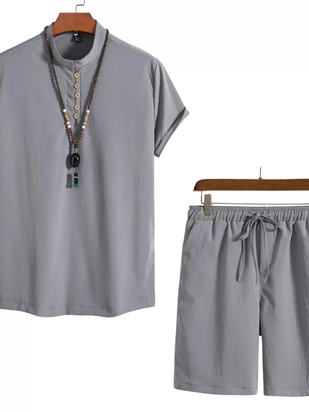 Men's Plus Size Casual Mandarin Collar Short Sleeve Shirt and Shorts Set by Trendsi