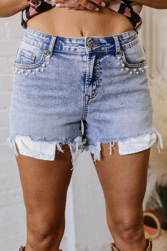 Pearl Studded Pockets Raw Hem Denim Shorts by Partner Label