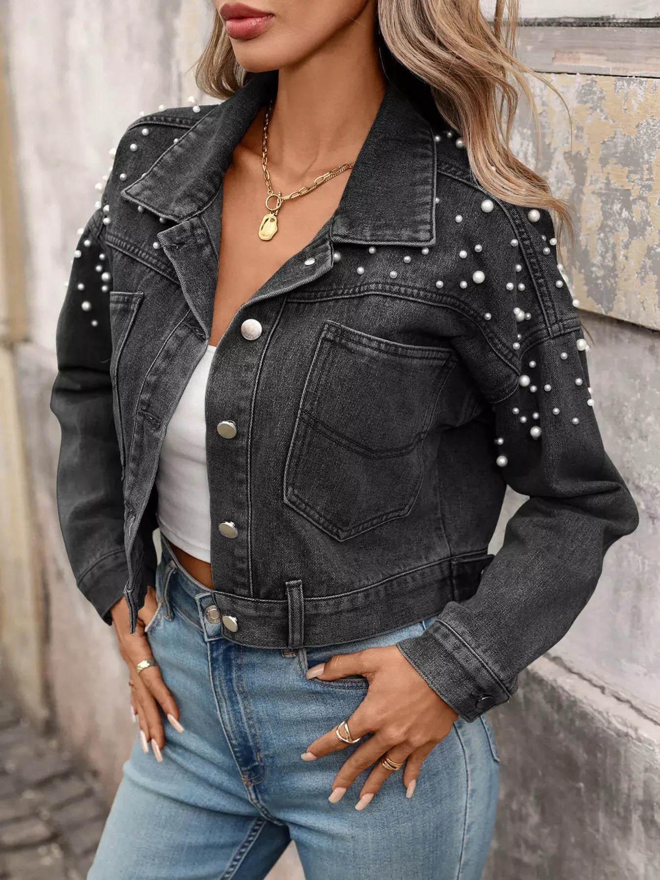 Pearl Embellished Cropped Denim Jacket by Partner Label