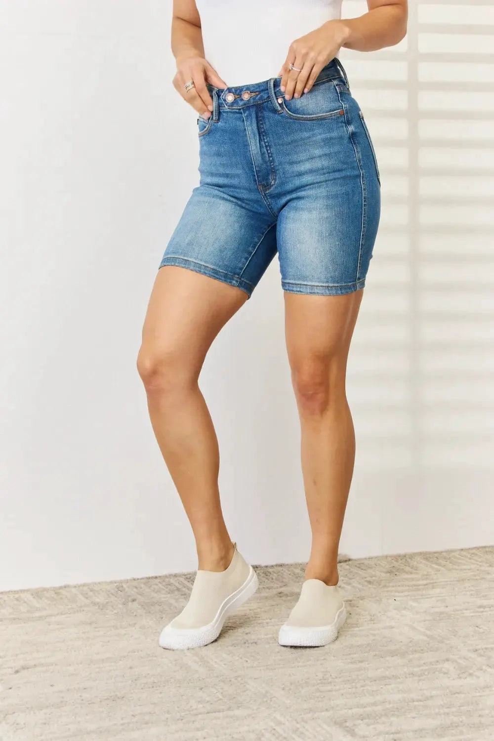 Judy Blue Full Size Tummy Control Double Button Bermuda Denim Shorts by Judy Blue