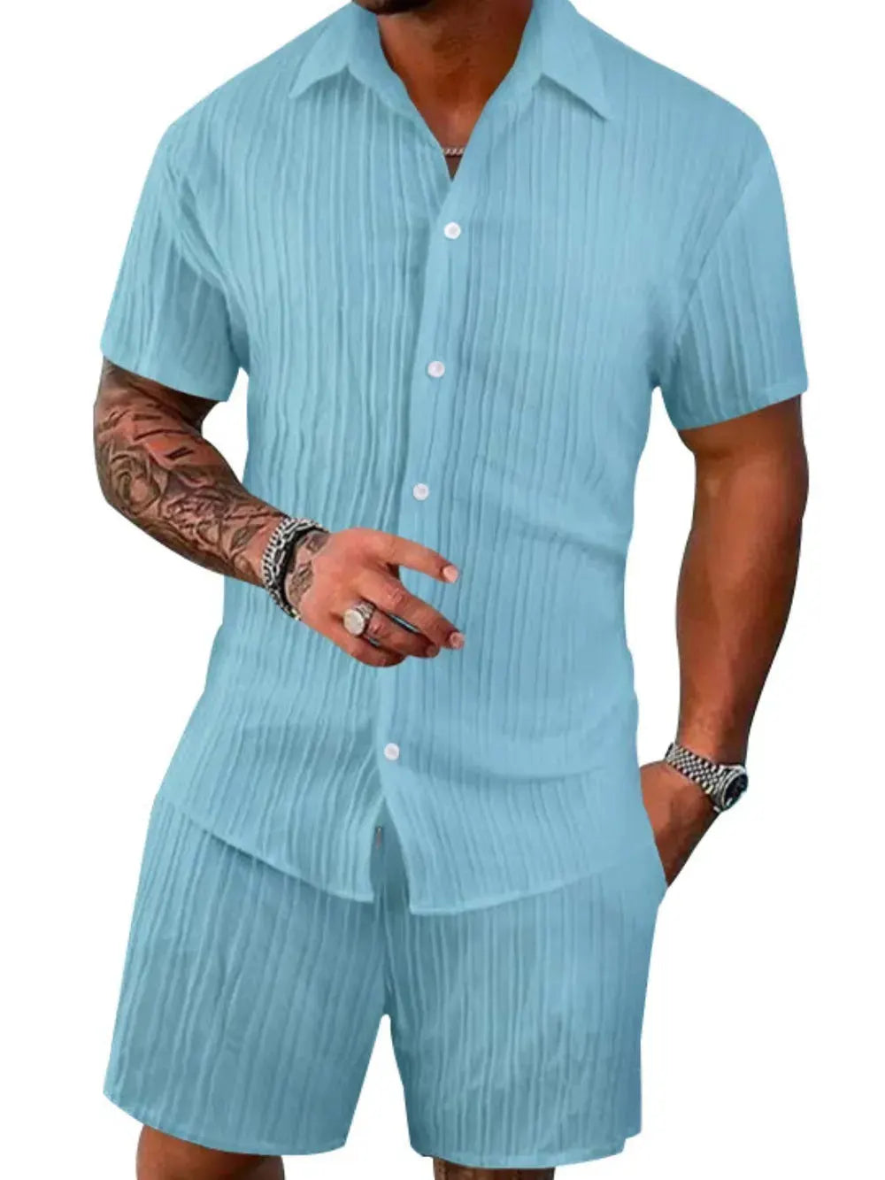 Men's Full Size Button Down Short Sleeve Shirt and Shorts Set Plus Size by Trendsi