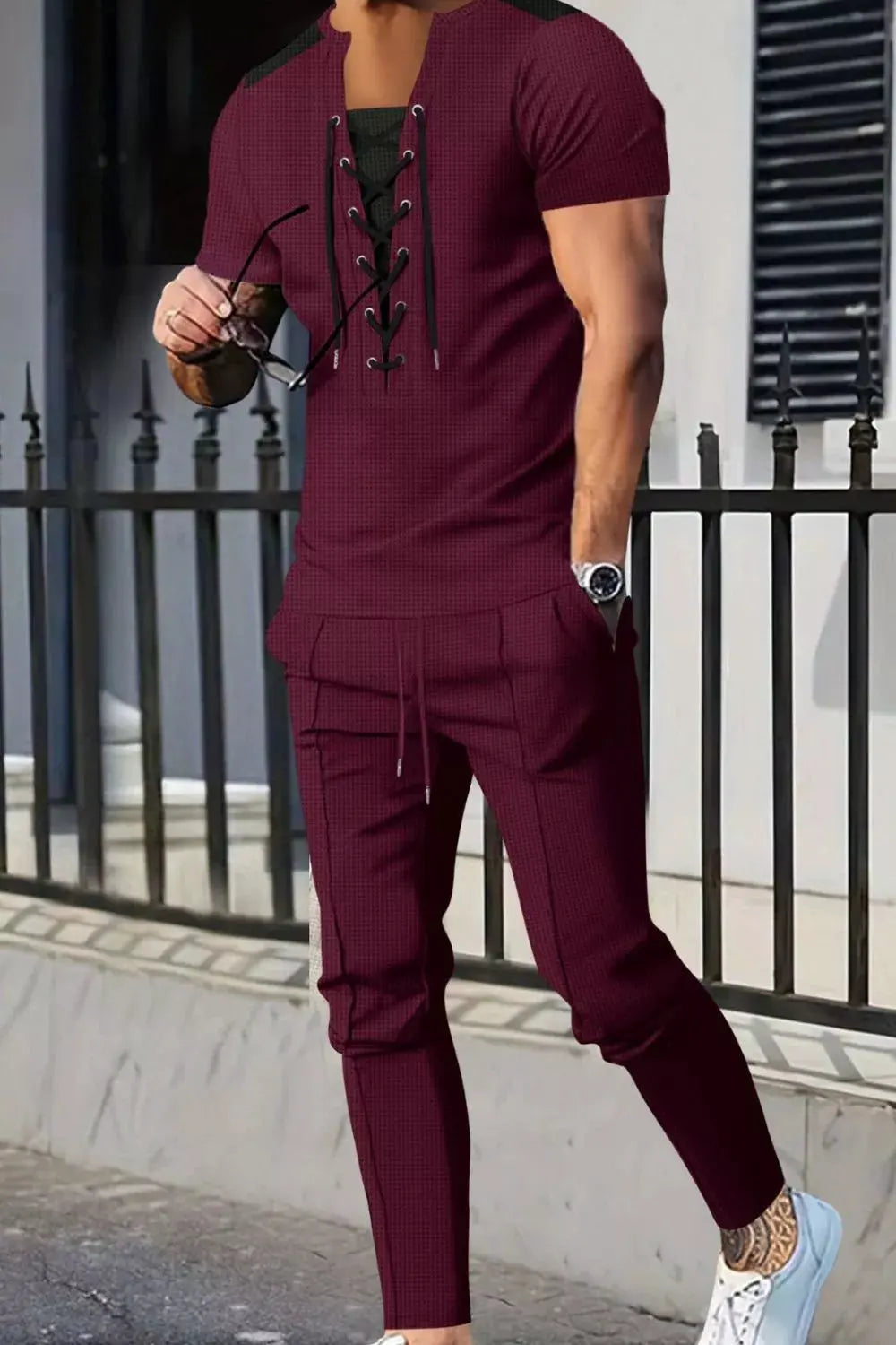 Men's Full Size Lace-Up Front Top and Pants Casual Set Plus Size by Trendsi
