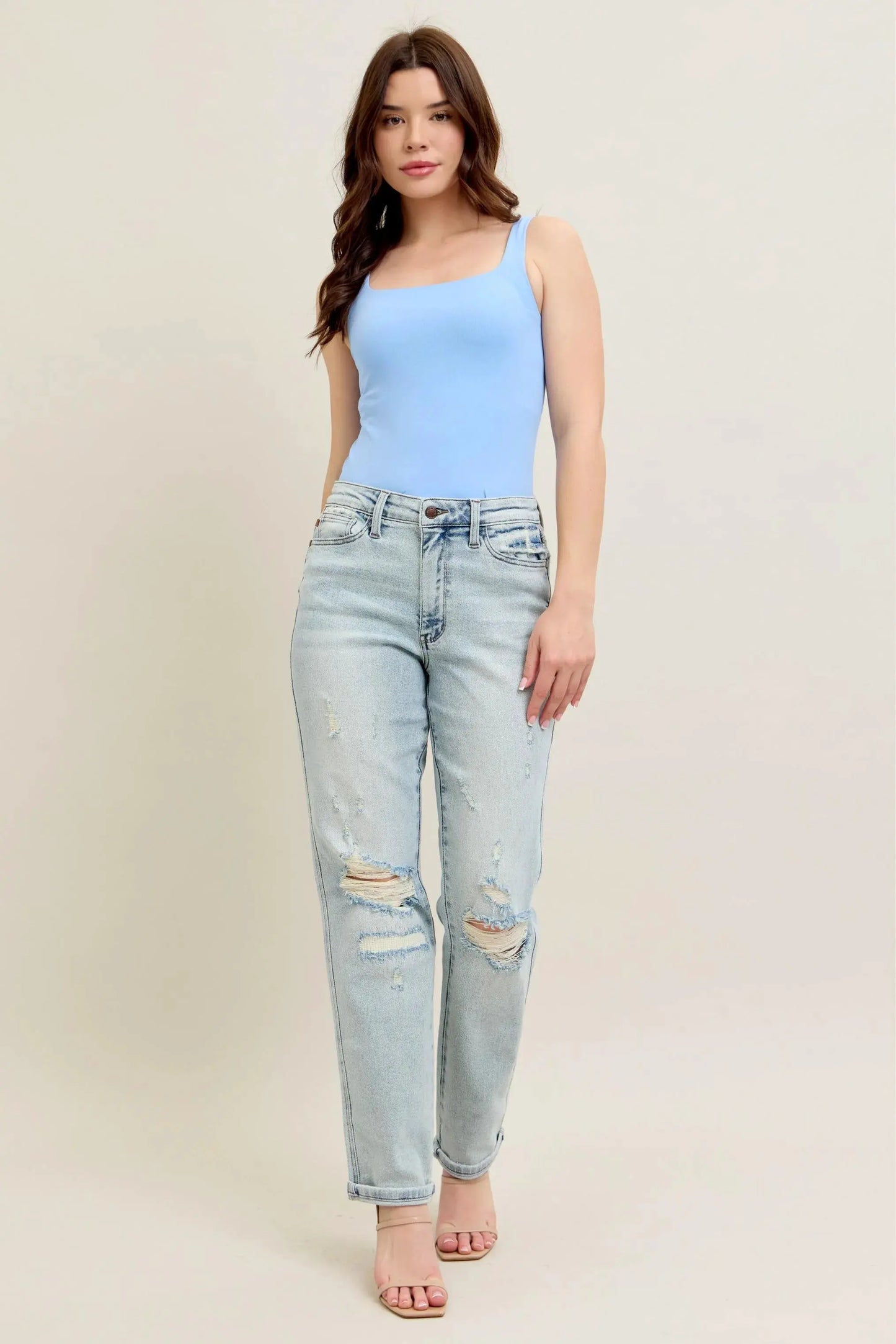 Judy Blue Full Size Mr Repair Stitch Detail Destroy Single Cuff Bf Jeans Plus Size by Judy Blue