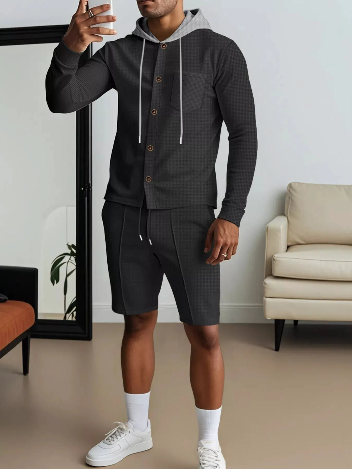 Men's Full Size Casual Hooded Button-Up Top and Shorts Set Plus Size by Trendsi
