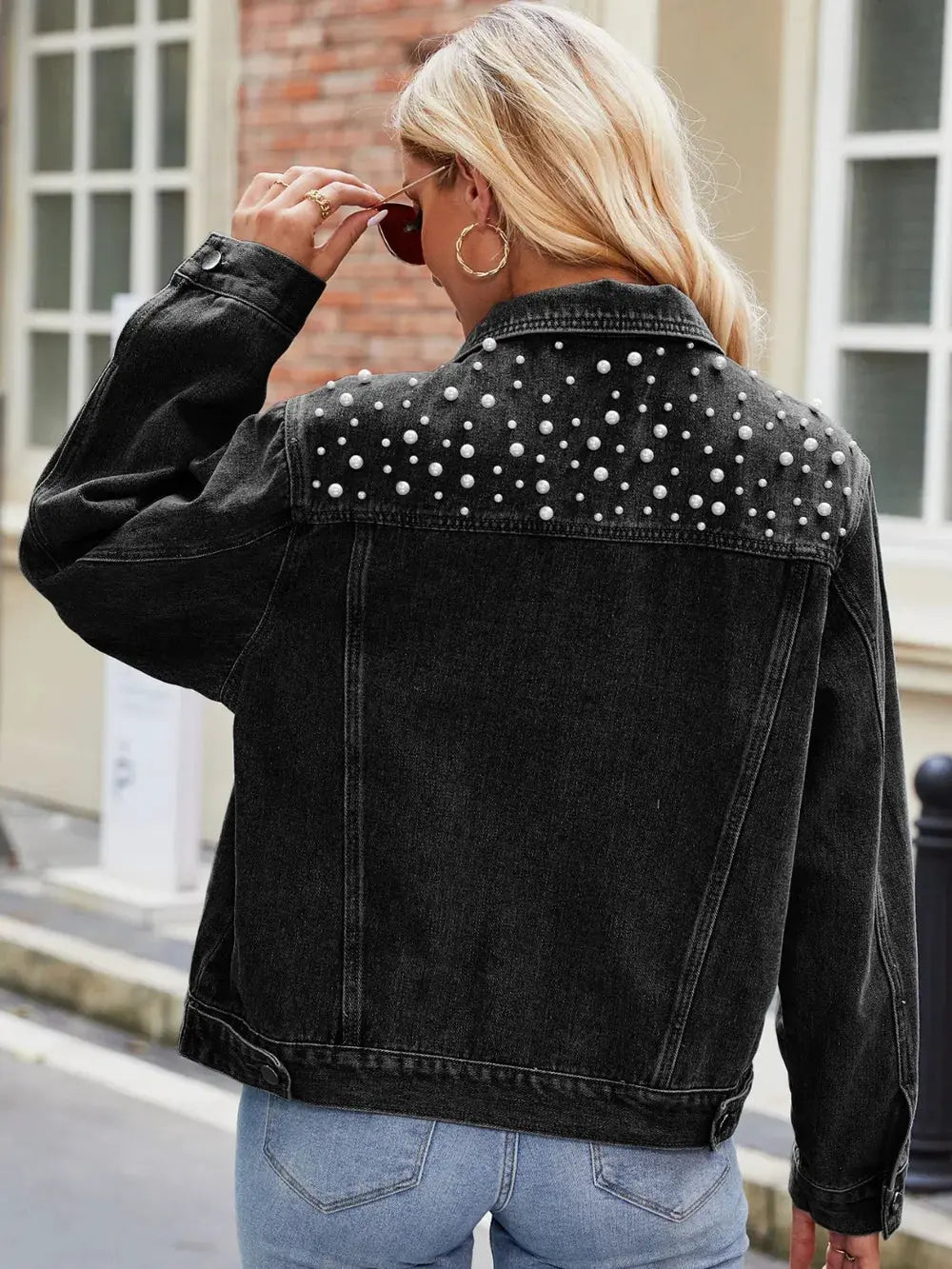 Pearl Detail Collared Neck Long Sleeve Denim Jacket by Partner Label