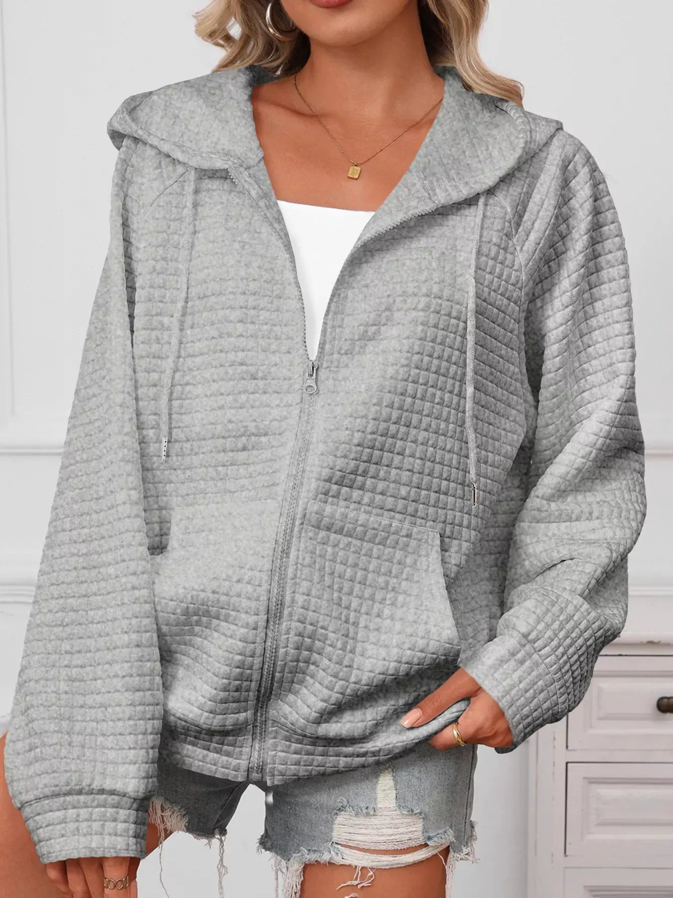 Full Size Textured Quilted Zip-Up Hooded Jacket Plus Size by Partner Label